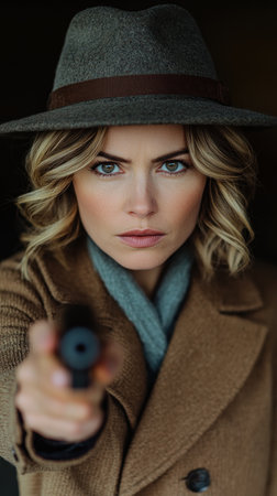 A determined woman points a gun forward with a serious expression.の素材