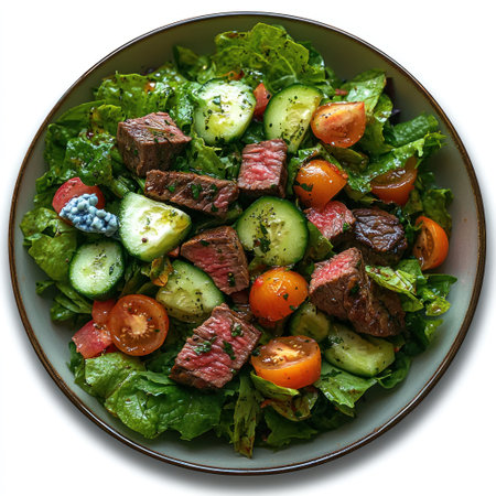 Colorful salad features juicy steak, crisp greens, and fresh vegetables in a cozy setting.の素材