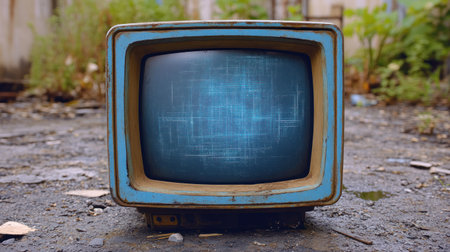 A retro television sits abandoned in a forgotten area, surrounded by weeds and litter.の素材