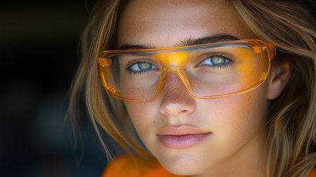 A close up of a focused young woman showcasing her vibrant eyes and stylish glasses.の素材
