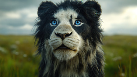 A magnificent lion with blue eyes stands proudly in a green field.の素材