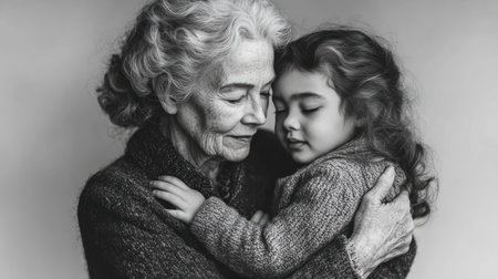 A loving moment shared as a grandmother hugs her young granddaughter tenderly.の素材