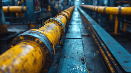 Yellow pipelines run the factory floor, echoing the industrial machinery vibe.の素材