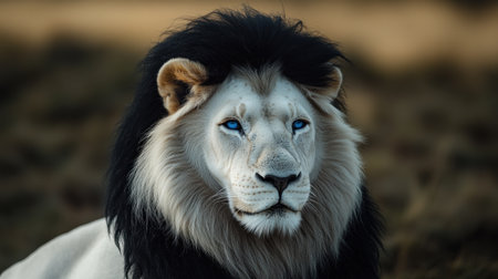 A stunning white lion relaxes peacefully, showing its vibrant blue eyes and thick mane.の素材