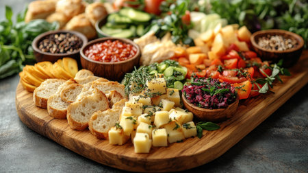 A lovely platter of cheeses, breads, and veggies, perfect for sharing.の素材