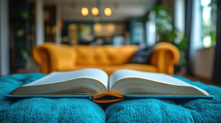 Soft turquoise blanket highlights an open book, while a bright sofa invites relaxation.の素材