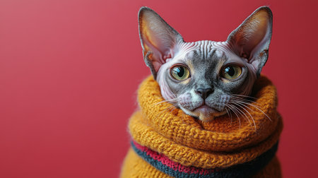 A curious cat in a colorful sweater looks playfully at the camera.の素材