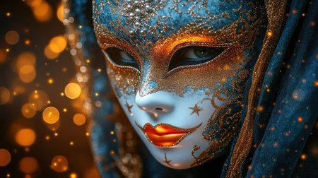 Stunning mask displayed artistically, shimmering with gold and vibrant colors.の素材