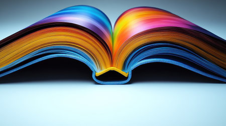 Colorful pages of a book are fanned open, reflecting a spectrum of colors and creativity.の素材