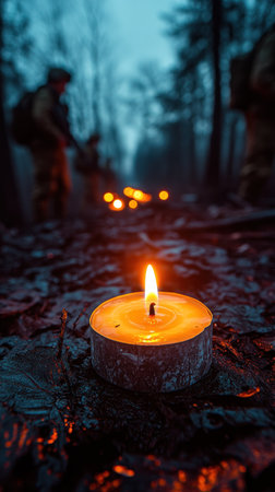 A single candle casts a warm glow while soldiers prepare nearby in the dim forest.の素材