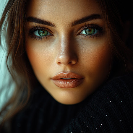 Captivating gaze of a woman with stunning emerald eyes and flawless skin glows softly.の素材