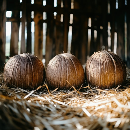 Three coconut husks sit together on a bed of straw in a charming barn.の素材