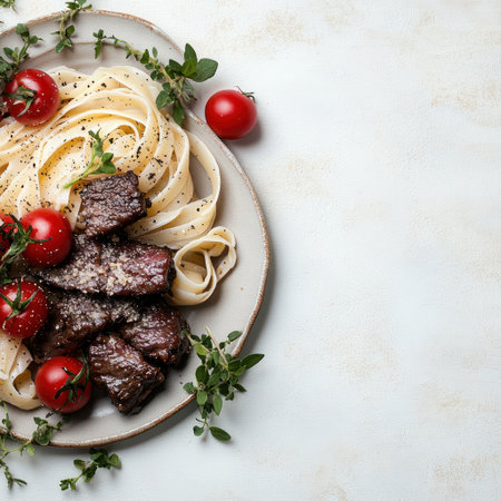 Pasta elegantly arranged with juicy beef, ripe tomatoes, and fragrant herbs on a plate.の素材