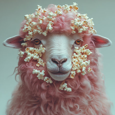 A unique sheep with fluffy pink wool is playfully decorated with popcorn flowers.の素材