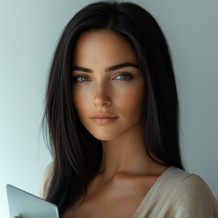 A young woman with striking features gazes thoughtfully while holding a tablet.の素材
