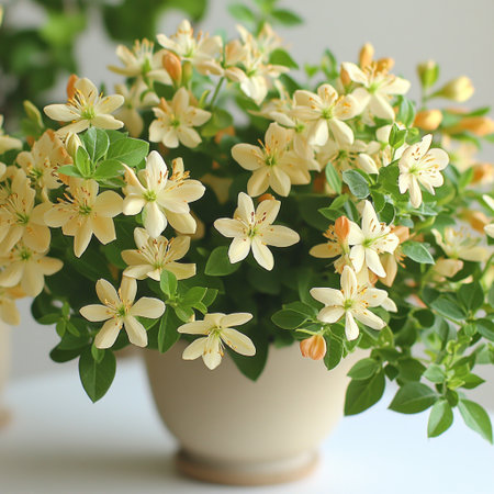 Lush green leaves frame delicate cream flowers in a charming pot, brightening the space.の素材