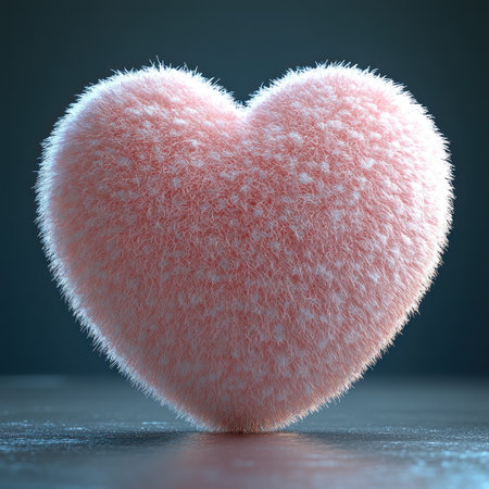 A plush pink heart rests on a table, bathed in gentle light, evoking warmth and love.の素材