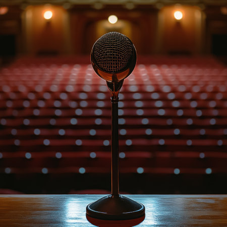 A vintage microphone sits in an empty theater, waiting for its moment.の素材