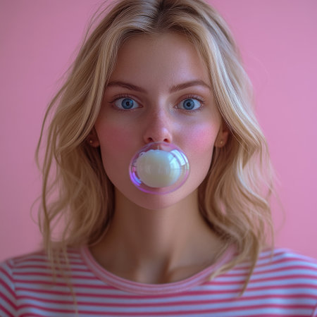 A young woman with long blonde hair playfully blows a big gum bubble.の素材