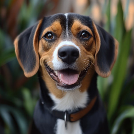 A cheerful beagle dog smiles widely in a lush garden filled with greenery and sunlight.の素材