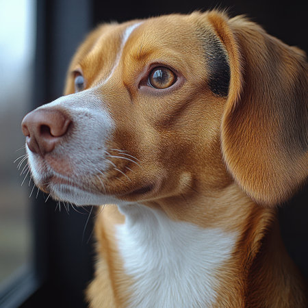 A friendly beagle looks out the window, enjoying a peaceful moment indoors.の素材