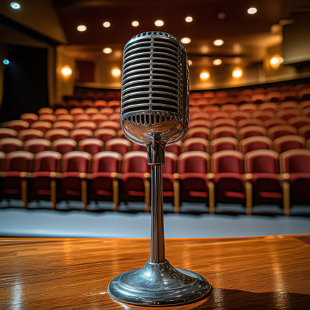 A vintage microphone awaits the artist in a softly lit theater, empty seats in view.の素材