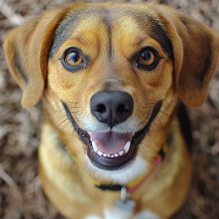 A joyful beagle sits outside, basking in the sun and smiling brightly at onlookers.の素材