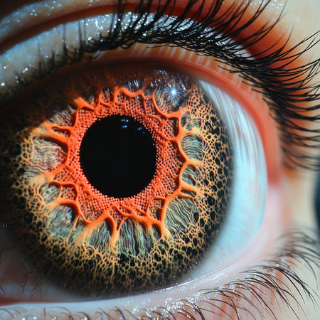 Glowing orange patterns swirl inside a black pupil, presenting a mesmerizing spectacle.の素材