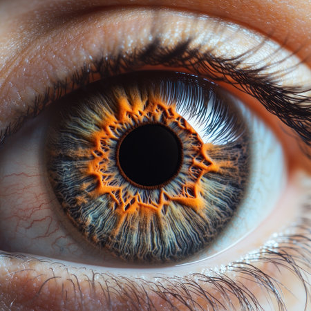 Close up of an eye with vibrant orange patterns and a dark center, showing complexity.の素材