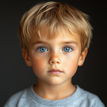 A child with fair hair and blue eyes stands still in deep thought, reflecting.の素材