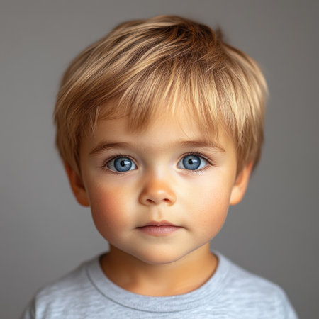 A young boy with striking blue eyes looks curiously at the camera in soft light.の素材