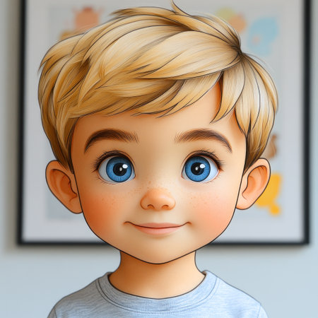 A cheerful young boy with tousled blonde hair beams brightly in a warm, inviting space.の素材
