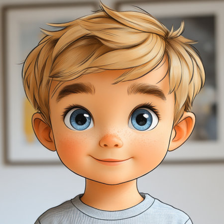 A cheerful young boy with short, sandy hair and big blue eyes stands inside a bright room.の素材