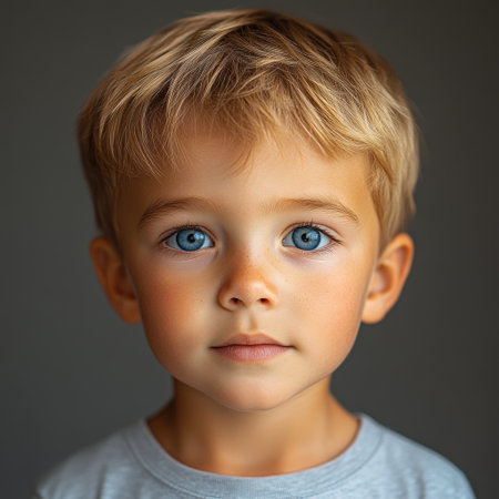 A curious child with blonde hair and blue eyes gazes directly at the viewer.の素材