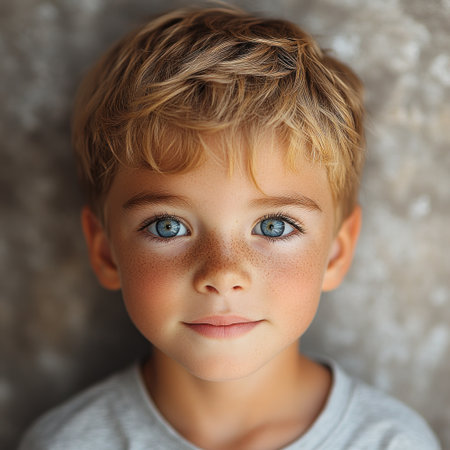 A cheerful boy stands smiling with striking blue eyes and cute freckles while inside.の素材
