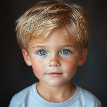 A boy with blue eyes and messy blonde hair gazes at the viewer, exuding innocence.の素材