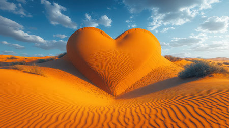A stunning heart shaped sand dune stands tall amidst golden sands under a vibrant sky.の素材