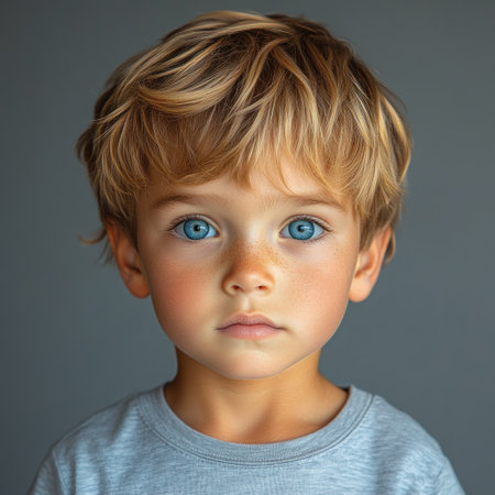 A curious young boy gazes directly with bright blue eyes and light brown hair.の素材