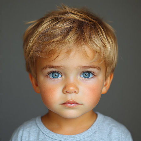 Sweet boy with blonde hair and bright blue eyes shows a curious expression indoors.の素材