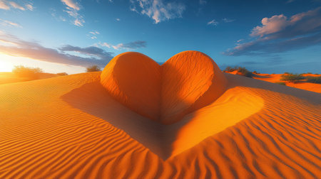 A beautiful heart shape emerges from golden sand dunes as the sun sets over the horizon.の素材