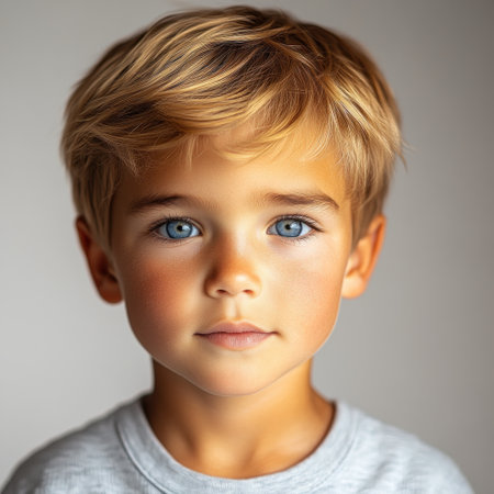 A boy with blue eyes and blonde hair stars thoughtfully, lost in thought.の素材