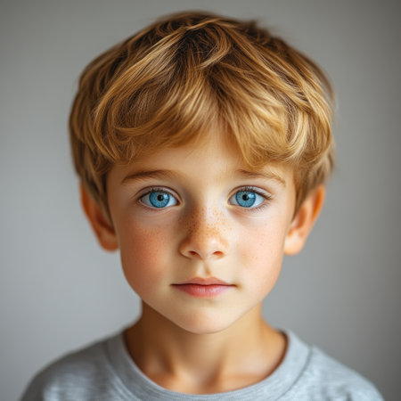 A young boy with striking blue eyes and a soft expression in warm light.の素材