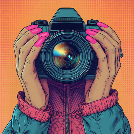 A person holds a camera close, ready to capture vibrant moments with bold nails.の素材