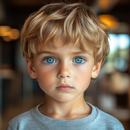 A young child with bright blue eyes stands still, surrounded by warm indoor lights.の素材