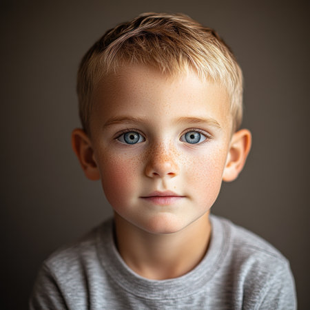A young boy with freckles and blonde hair looks thoughtfully while sitting indoors.の素材