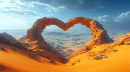 A stunning heart shaped rock formation frames the vast desert landscape during sunset.の素材