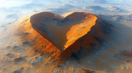 A stunning heart shaped mountain glows with warm colors under a beautiful sunset sky.の素材