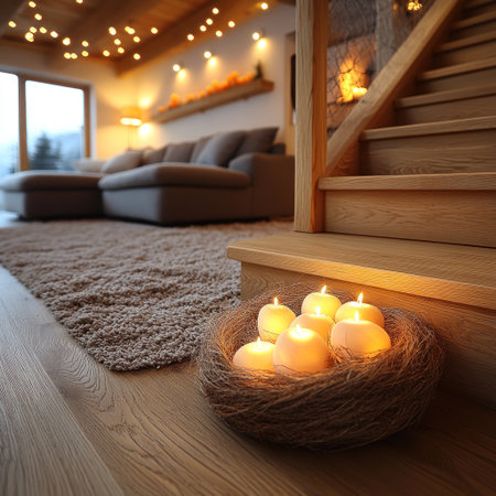 Candlelight brightens a cozy staircase, creating a warm evening atmosphere.の素材