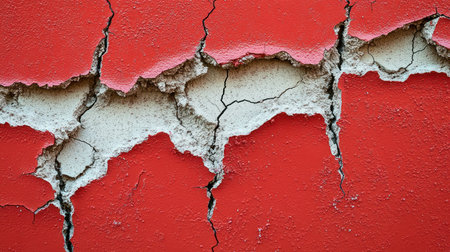 Cracked red wall showcases intricate details of deterioration over time.の素材