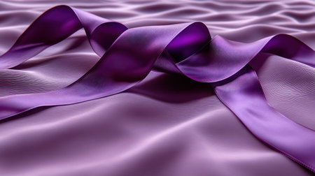 Purple ribbons ripple on a soft satin backdrop, reflecting light elegantly.の素材